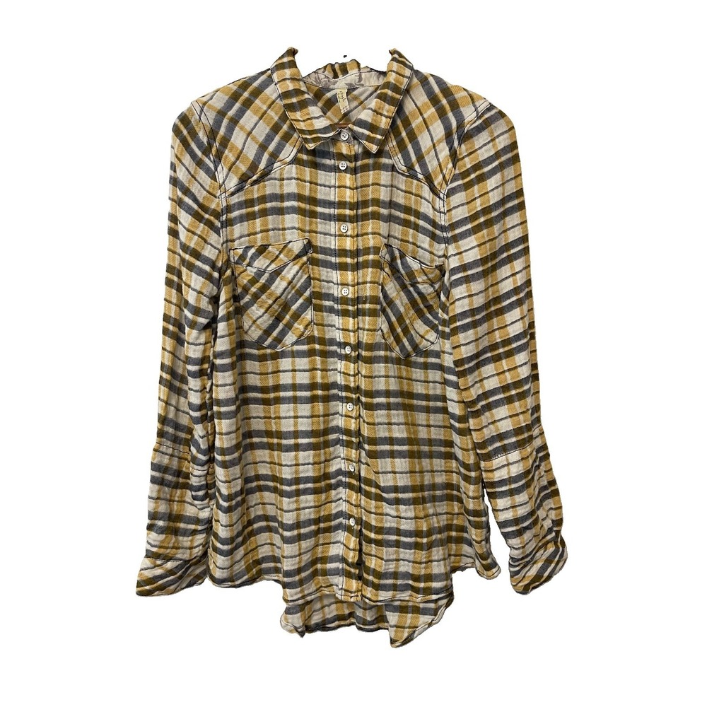 Free People Gauzy Yellow Plaid Flannel Size Large Oversized Boho Grunge Western